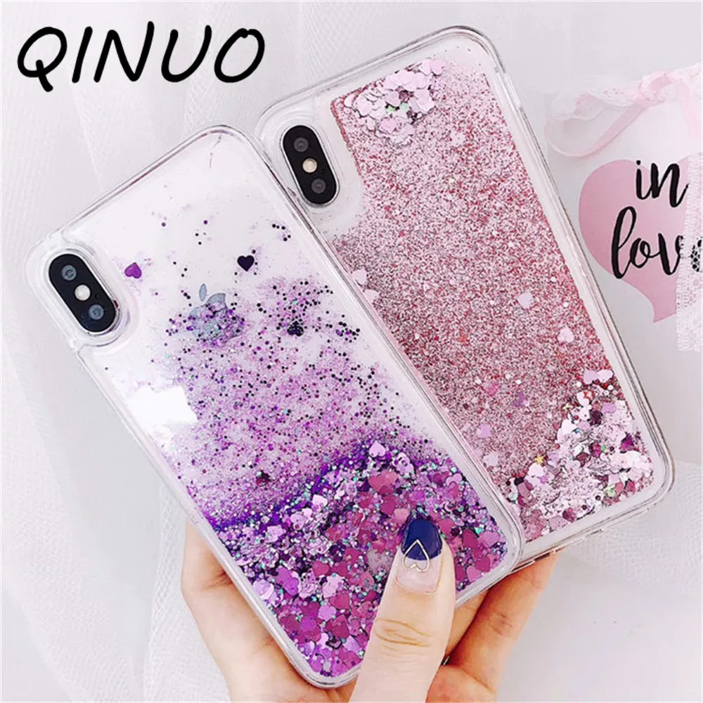 

QINUO Soft Love Heart Water Cover Case For Samsung S10 Plus S8 S9 S6 S7 Edge Note 5 8 9 Sequin Telefon kilifi Liquid quicksand
