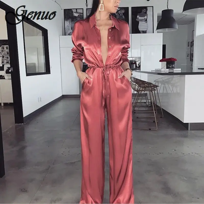 Genuo Elegant Loose Satin Bodycon Bandage Jumpsuit Women 2019 Spring Sexy Solid Lapel Deep V Neck Playsuits Ladies Streetwear Genuo Elegant Loose Satin Bodycon Bandage Jumpsuit Women 2019 Spring Sexy Solid Lapel Deep V Neck Playsuits Ladies Streetwear