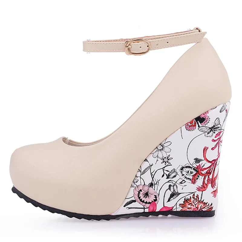 KarinLuna large Sizes 34-43 Wedges High Heels Party wedding Pumps shoe Flower Print Platform Ankle-Strap Women Shoes Woman pumps