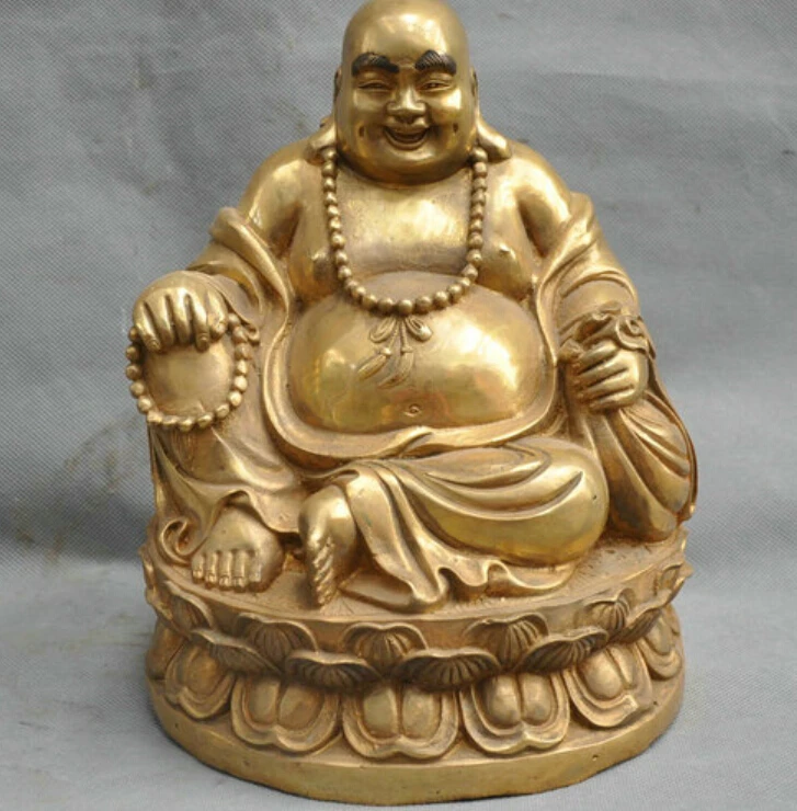 

10" China Brass Happy Buddha Maitreya Monk Bronze Statue Blessing Fu Figurine