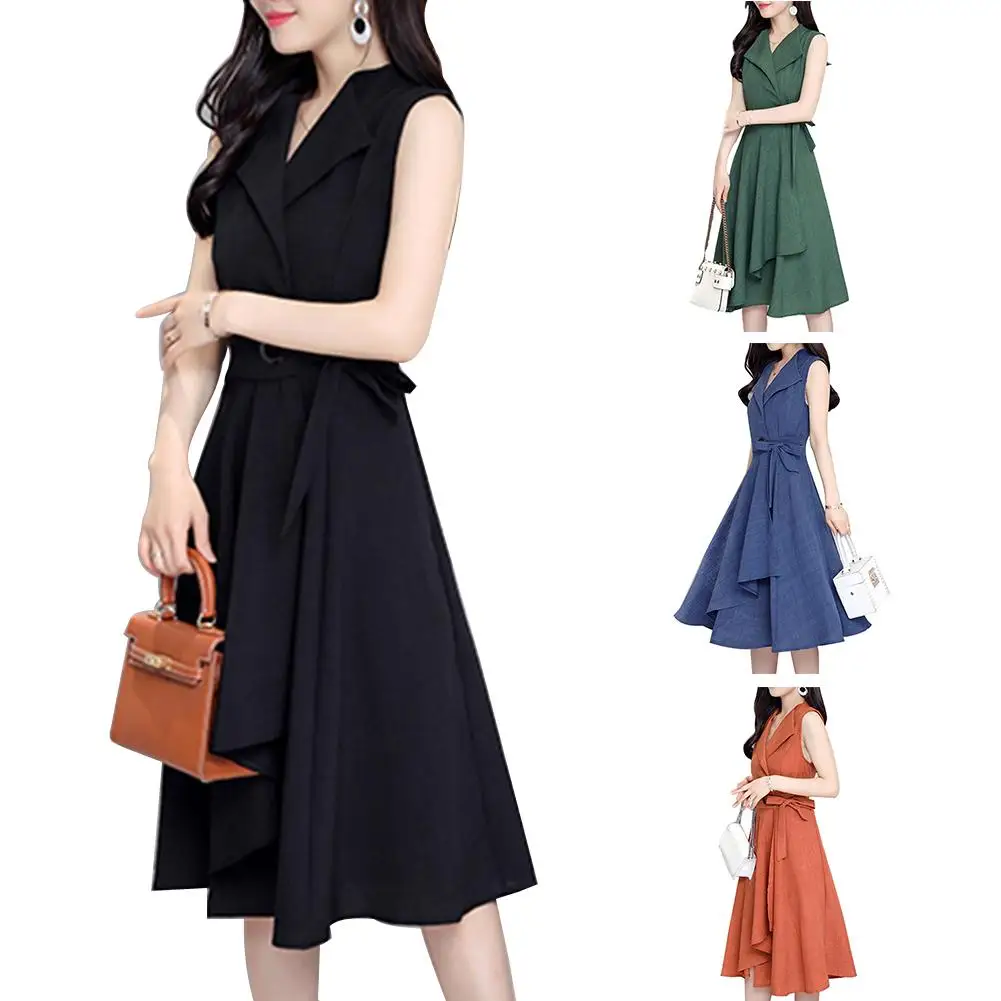 

Women Solid Color Sleeveless V Neck Irregular Bandage Slim Fit A-Line Midi Dress New Chic Vintage