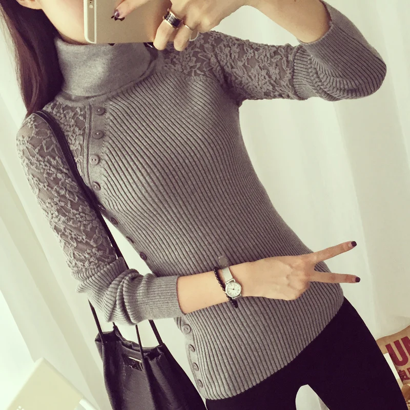 

OHCLOTHING Comfortable and elegant Winter dresses Korean long sleeved sweater knitted lace collars Turtleneck Shirt female