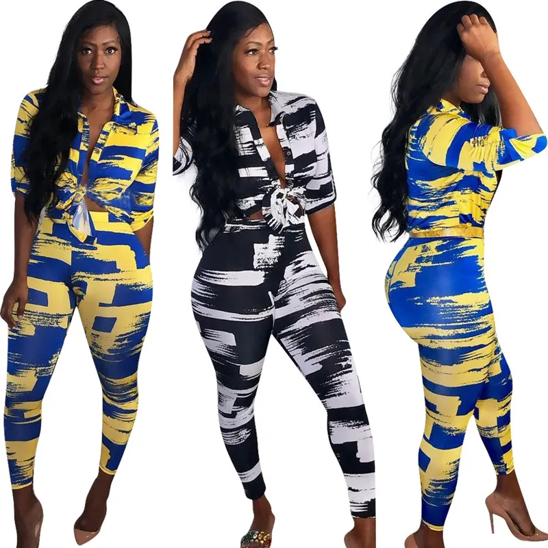 

Summer Streetwear Style Print Women Two Piece Outfits Stitching Irregular Tiedyed Tops Ankle Length Pants 2 Piece Sets