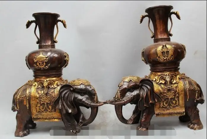 

free 16" Chinese Folk Copper Gild eight treasures Elephant Auspicious Vase Zun Statue fast