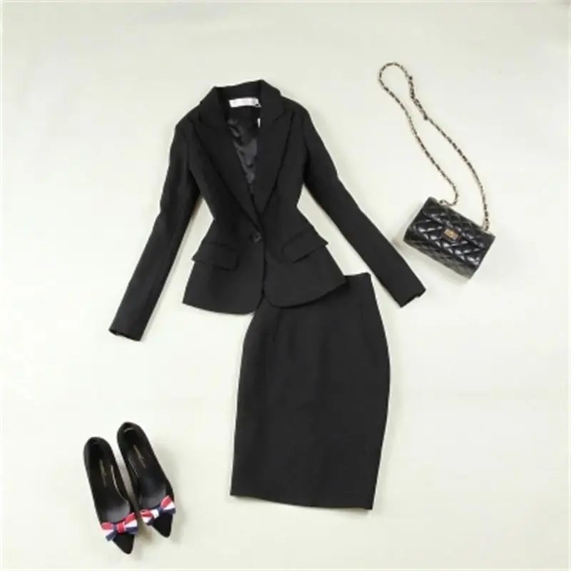 

Hot large size women's clothing 2018 spring and summer new black Slim simple tooling small suit + skirts work clothes BSQ03