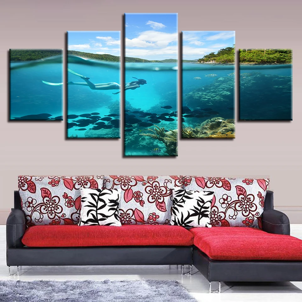 Living Room Decor Modular Canvas Picture Poster 5 Pieces Sea Bed Diving And Fish Seascape Paintings HD Prints Framework Wall Art