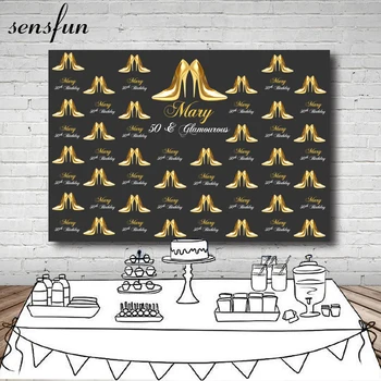 

Sensfun Women Gold Heels Black Theme Photography Backdrop Happy 50th Birthday Party Backgrounds For Photo Studio 7x5FT Vinyl
