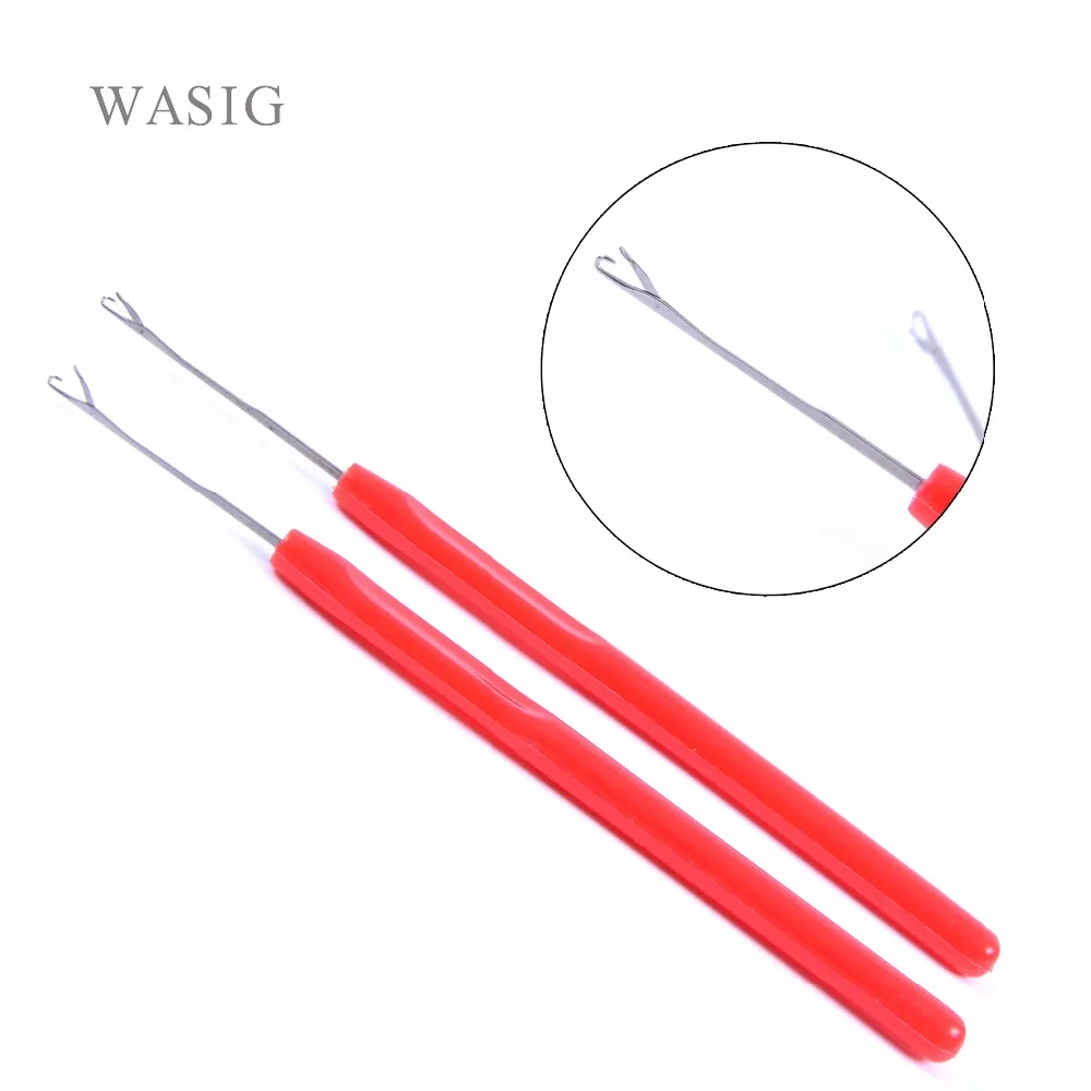 6pcs colore rosso manico in plastica gancio infila ago anello tirare ago strumenti di estensione dei capelli per Micro anello estensione dei capelli