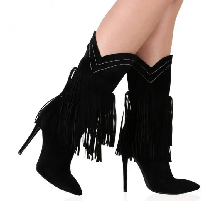 Fashion Suede Leather Women Pointed Toe Mid-Calf Boots Cute Fringe Ladies Slip On Boots Thin High Heel Female Knight Boots