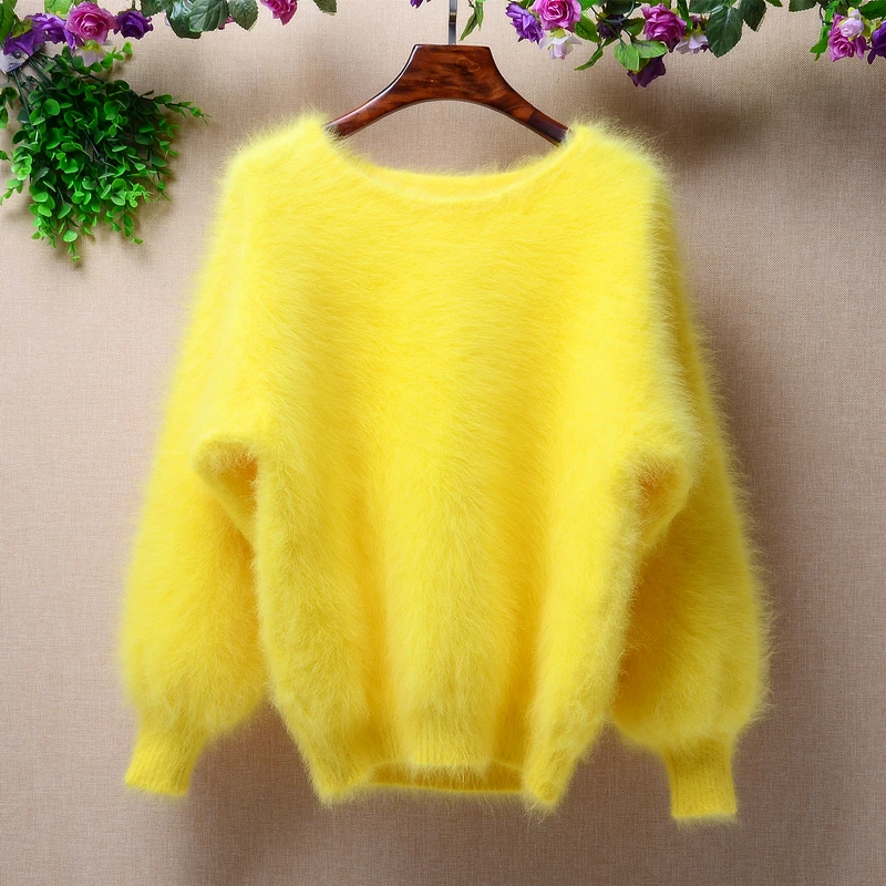 

Elegant Fashion Fluffy short women winter 100% long mink cashmere angora fur warm lantern batwing long sleeves Pullover sweater