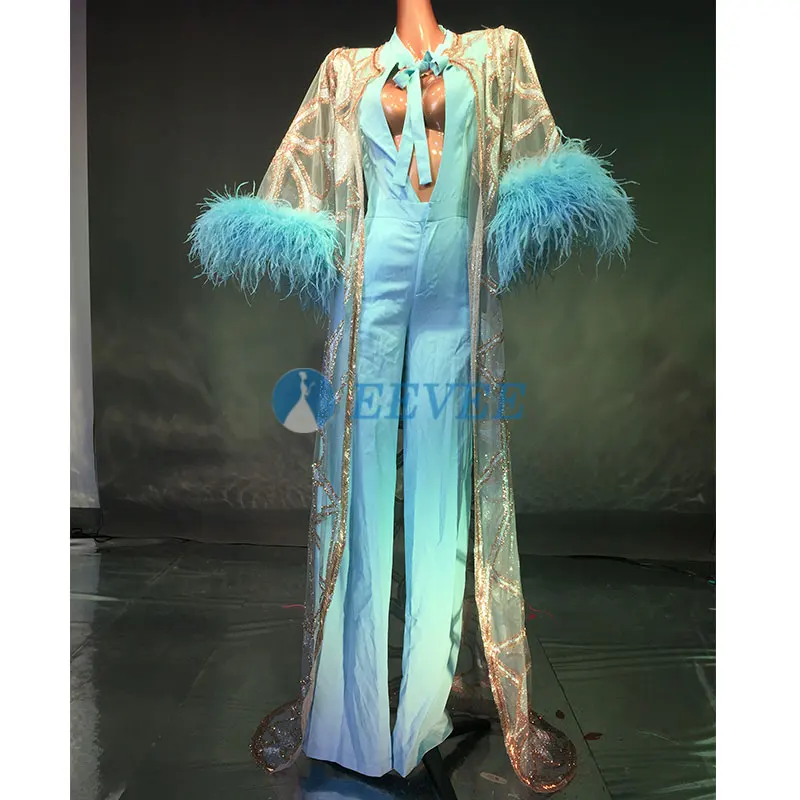 

Shining Sequins Evening Dress Perspective nude mesh feathers Long Dresses Female Singer Mesh Stage Wear Costume Nightclub Show