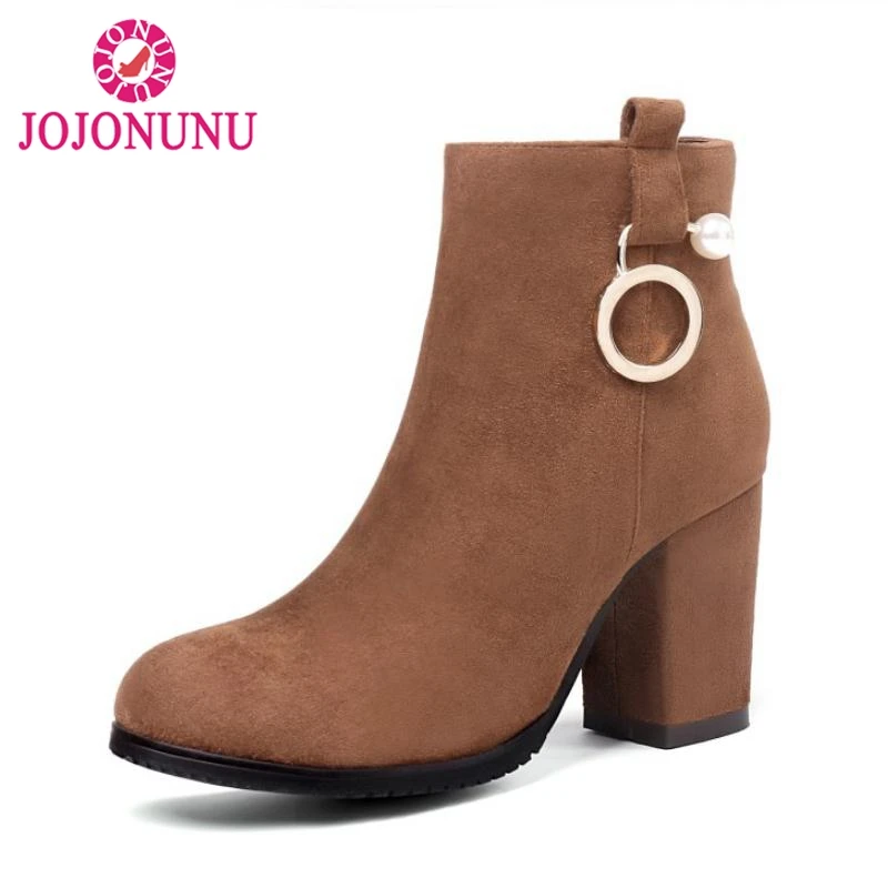 

FITWEE Women High Heels Ankle Boots Winter String Bead Warm Fur Shoes Woman Fashion Zipper Round Toe Short Boots Size 32-43