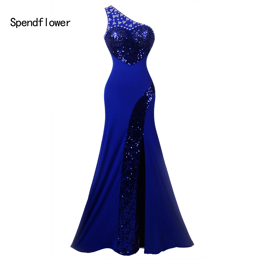 

Spendflower Women's One Shoulder Separate Sequins Beads Blue Graduation Ball Gown Elegant Formal Evening G-022BE