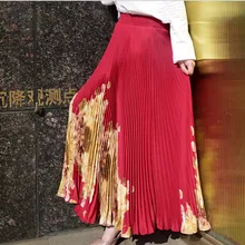 GTGYFF стрейч Высокая талия Макси длинное flare Онлайн плиссе зонтик шифоновая юбка для женщин винтажные юбки с цветочным рисунком женские красный черный