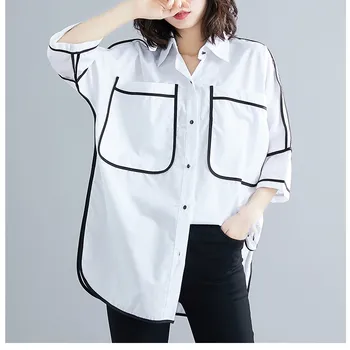 

2019 Women Summer Plus Size Shirt Korean Vintage Casual White Blouses Three Quarter Ladies Loose Large Size Tops