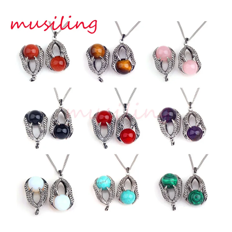 

Ball Bead Dragon Claw Reiki Pendants Silver Plated Natural Stone Pendulum Charms Retro Antique Men Jewelry 17X Mix Order