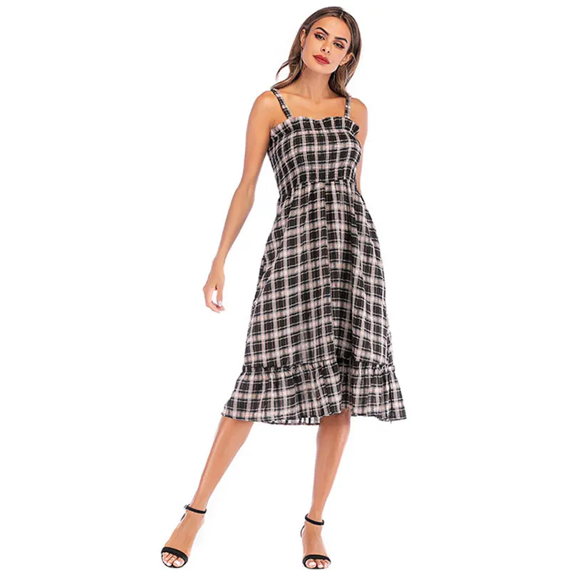 

Sexy Off Shoulder Women Dresses Summer Plaid Ruffles Strap Casual A-Line Long Dress Ladies Beach Party Elegant Dresses Vestidos