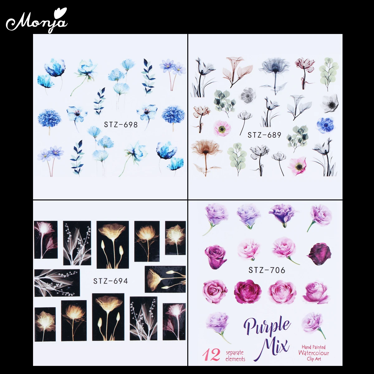 Monja, 24 листа, для дизайна ногтей, фламинго, бабочка, цветок, серия, смешанный дизайн, Переводные фольга, наклейки, сделай сам, украшения