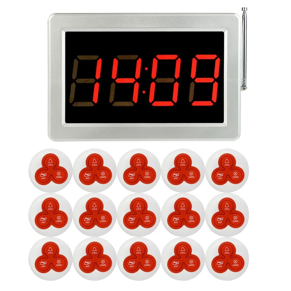 

Wireless Restaurant Calling Paging System 1 Receiver Host +15 Transmitter Bell Call Button Restaurant Equipment F3290D