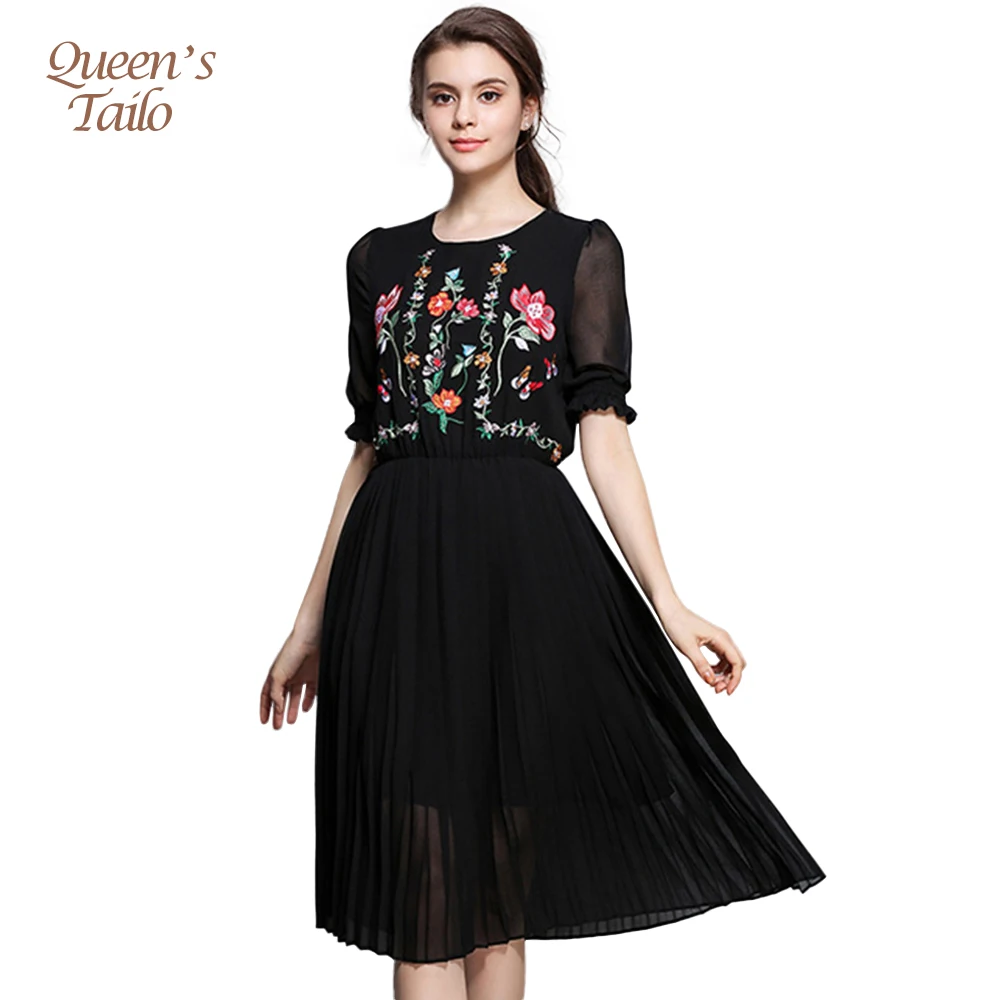 Queen's Tailo 2017 New Summer Woman Black A-Line Floral Embroidered Dress Casual Knee Length Dress 6848