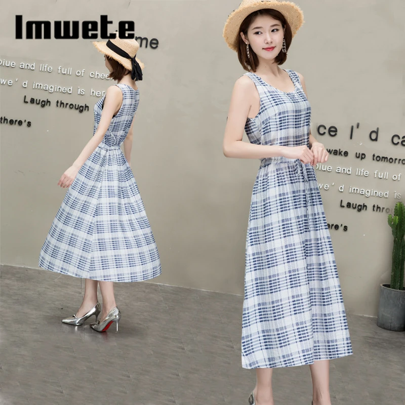 

IMWETE lady summer autumn Floral Print Boho Beach Dress o-neck sleeveless loose style Cotton material women dress vocation