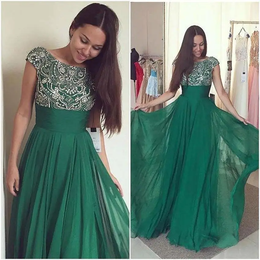 Crystals Green Chiffon Evening font b Dresses b font 2016 Cap Short Sleeves Party Evening Gowns