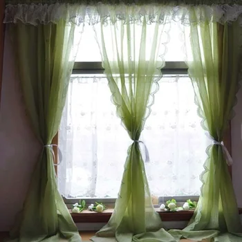

green yarn ruffle flouncing solid color curtain waterfall drawstring curtain small short curtain roman blinds 120*200/250cm