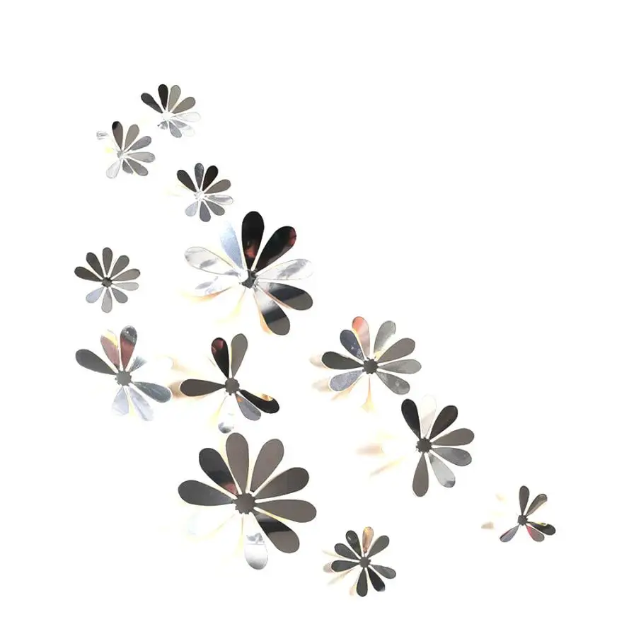 

12Pcs Vinyl 3D Removable Decorative Silver Mirror Flowers Wall Sticker For Kids Room Christmas 3D Art Wall Decals Home Decor 803