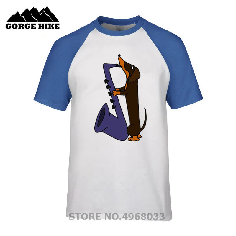 2019 Men's Funny New Arrivals Dachshund Dog T-shirts Playing Blue Saxophone Design T Shirt Cool Summer Tops Short Sleeve Unisex | Мужская