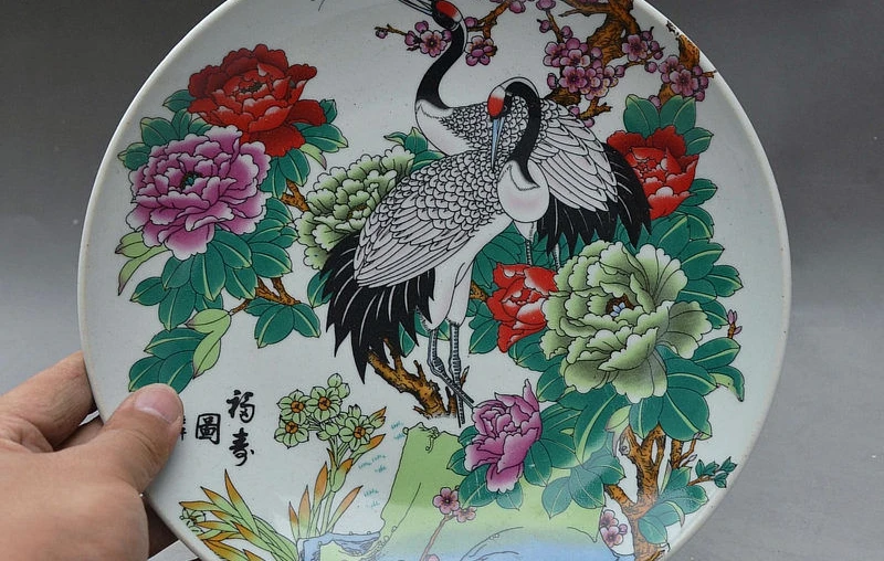 

10" Folk China Royal Porcelain Crane Plum Peony Flower Butterfly Plate Dish Tray