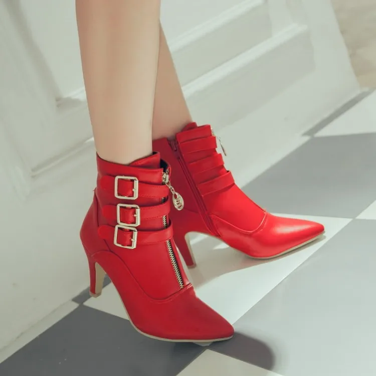 

Big Size 11 12 13 Fashion of Euro-American style short boots with pointed and high heel side zipper belt buckle