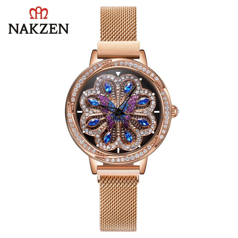 

Rose Gold Women Watches Japan Quartz Movement Women Watch Rotating Peacock Wheel Waterproof Ladies Clock Rhinestone Girl Gift