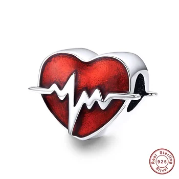 

Authentic New Heart Beads 925 Sterling Silver Heartbeat Charm with Red Enamel Compatible DIY Bracelet for Women Gift SCC1151