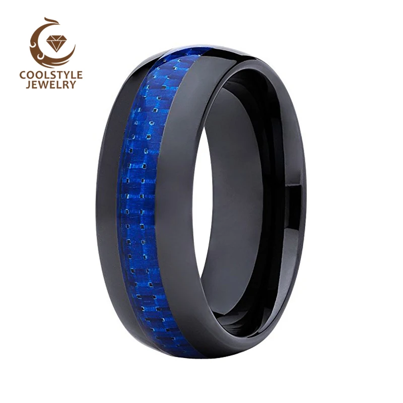 8MM Dome Men's Women's Black Ceramic Ring Wedding Band With Dark Blue