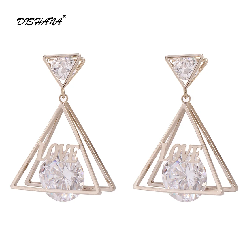 

Hot High quality Zircon Gold -color Fashion jewelry Geometric Earings Women Accessories Love Drop earrings Gift E0542