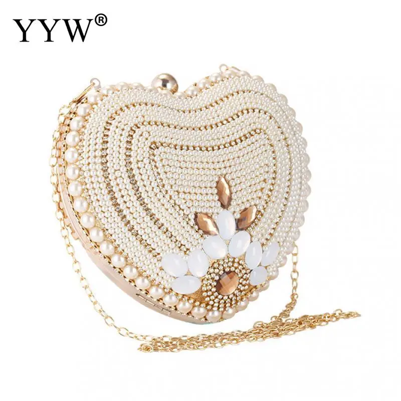 

YYW Luxury Wedding Clutches Women'S Bag White Pearl Heart Evening Party Clutch Bags Ladies Handbags With Chain Rhinestone Sac