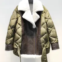 Распродажа, женская зимняя повседневная безразмерная куртка из овечьего меха и белого утиного пуха