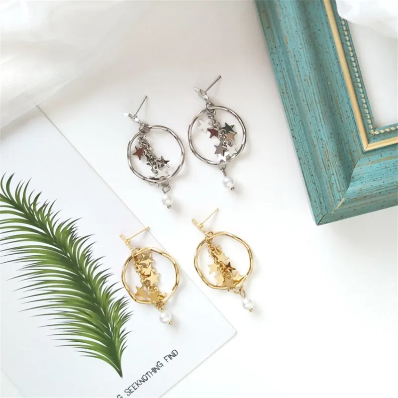 

New Arrival Gold Silver Color Round Circle Star Tassel Dangle Earrings For Women Girls Ear Jewelry Gifts