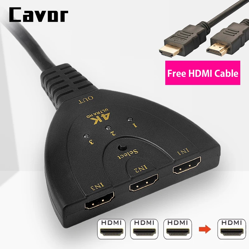 Cavor HDMI Splitter 4K*2K 3D Mini 3 Port HDMI Switch 1.4b Switcher For HDTV Xiaomi Box PS3 PS4 3 Port Splitte With 1M HDMI Cable Cavor HDMI Splitter 4K*2K 3D Mini 3 Port HDMI Switch 1.4b Switcher For HDTV Xiaomi Box PS3 PS4 3 Port Splitte With 1M HDMI Cable