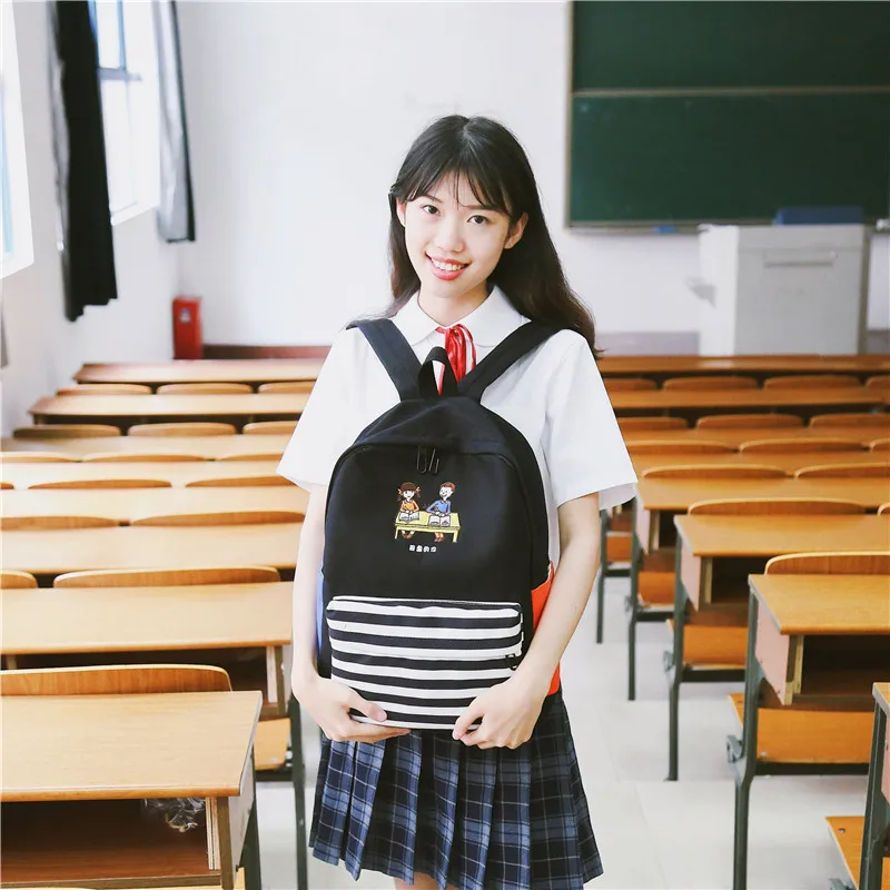 Menghuo School Backpacks for Teenage Girls Emboridery Women Canvas Backpack Female Cute Japan and Korean Backpack Travel BagsNIPJ9024
