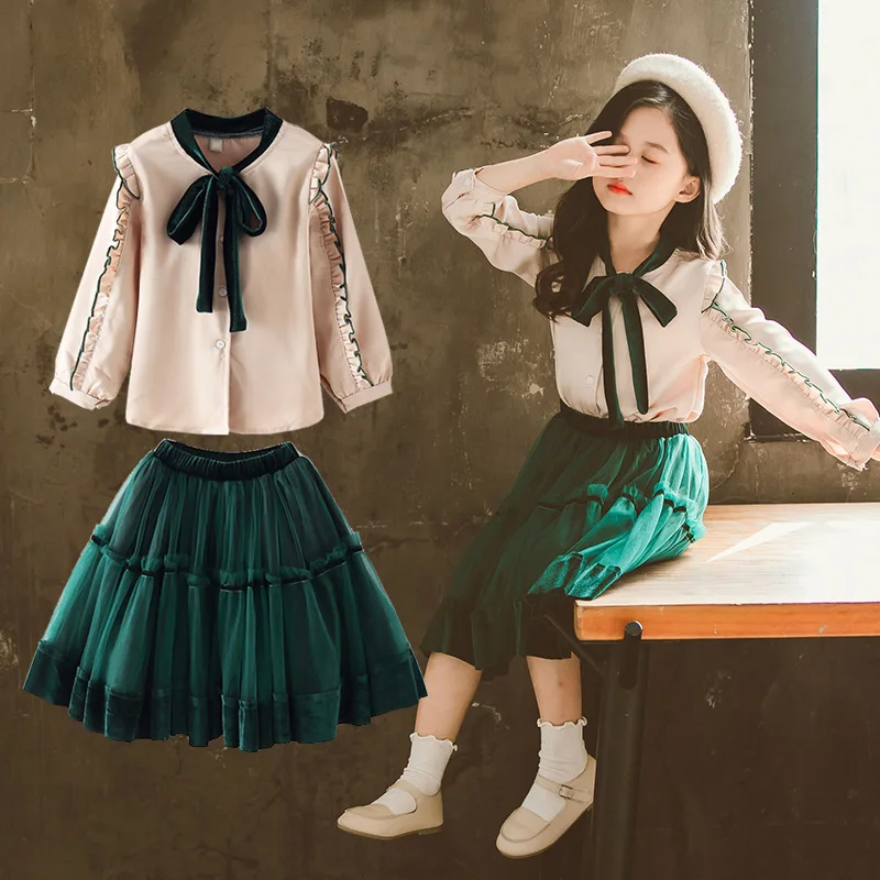 Модная одежда для маленьких девочек весенний комплект одежды для больших девочек Рубашка с длинными рукавами и бантом и рюшами Топ+ юбка-пачка, комплект одежды