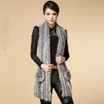 

GTC074 WOMENS WINTER FUR FASHION LONG GENUINE KNIT RABBIT FUR SWEATER SHAWL CAPE COAT REAL LADIES SLEEVELESS FUR JACKET OUTWEAR