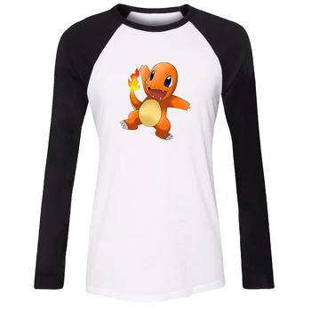 

iDzn New Women's Casual T-shirt Pokemon Charmander Charmeleon Charizard Pattern Long Sleeve Girl's Cotton T shirt Lady Tee Tops