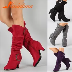 Karinluna/Новые Большие размеры 34–43 модные ботинки до середины икры пояс на молнии женские башмаки с пряжками осень-зима на среднем каблуке