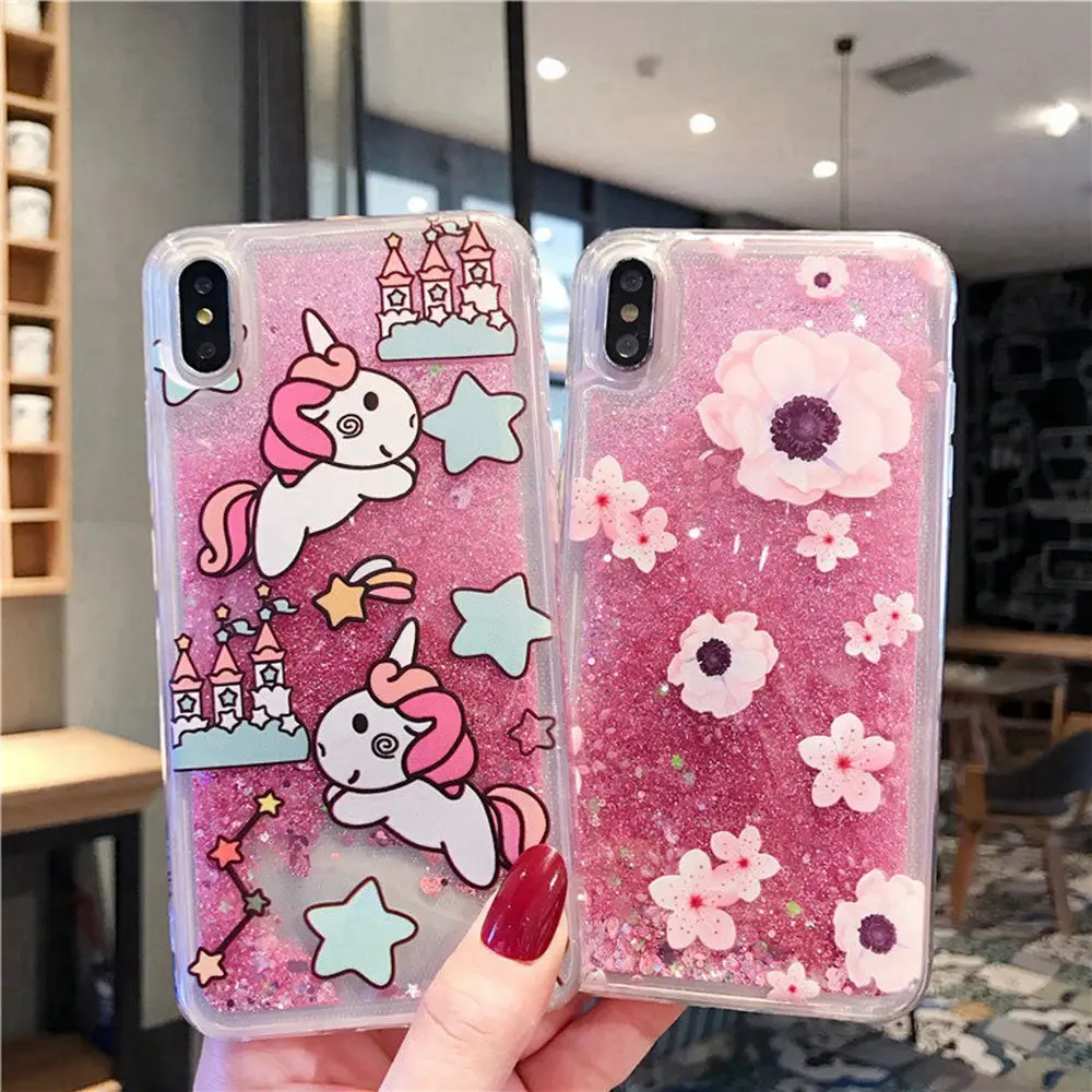 

Cute Unicorn Flower Dynamic Liquid Case For Huawei P30 P20 P10 Pro Mate 10 20 Lite Honor 8X MAX 9 10 Lite View 20 V20 Cover Case