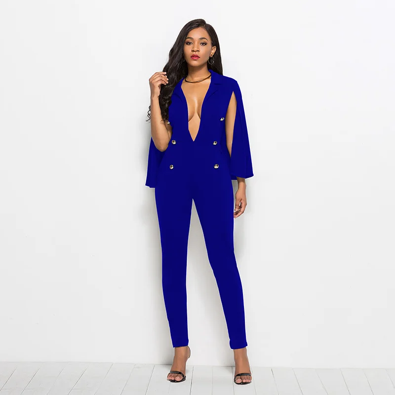 Yok'S Autumn Womens Jumpsuits Sexy Solid Deep V-Neck Cloak Jumpsuits For Female Fashion Buttons Cloak Cape Bodysuit S-XXXL DN256