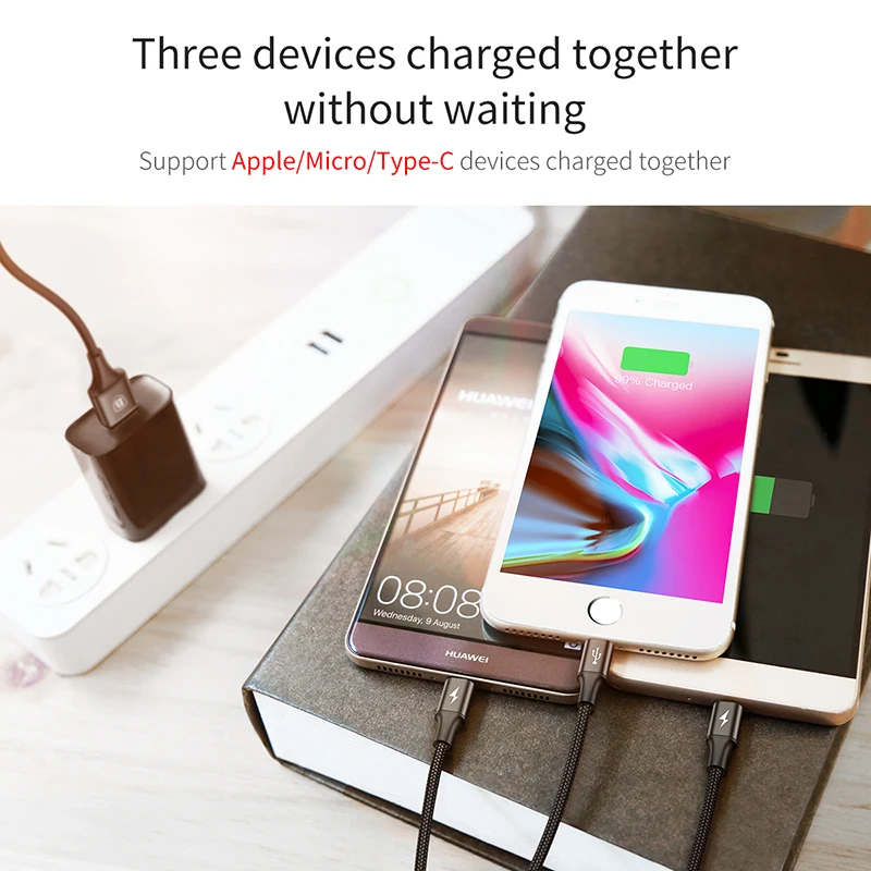 Baseus 3 en 1 Cable USB para iPhone XS Max XR 8X8 7 6 5 cargador de carga de Micro USB cable para teléfono móvil USB tipo c Cable de tipo c