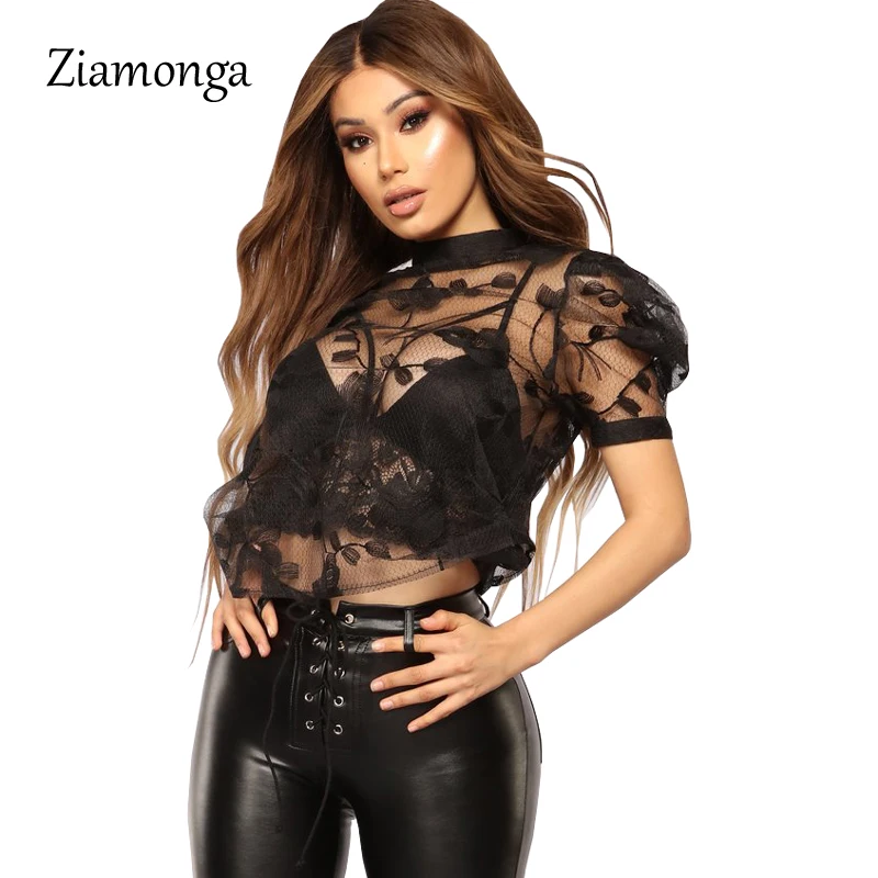Ziamonga 2018 Summer Women T Shirt Black Embroidery Lace Tops Short Sleeve O-Neck Sexy Tee Club Party Fishnet T-Shirt | Женская одежда