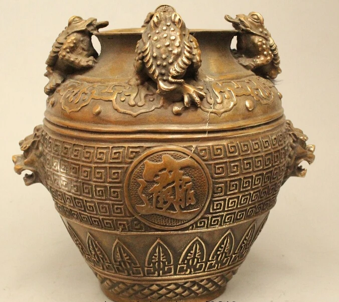 

wholesale factory 9" Marked Chinese Bronze Golden Toad Spittor Money Wealth Pot Jar Crock Vase