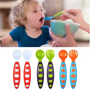 

Kidlove 2PCS/Set Baby Silicone Double-color Spoon+Fork Set Feeding Tableware